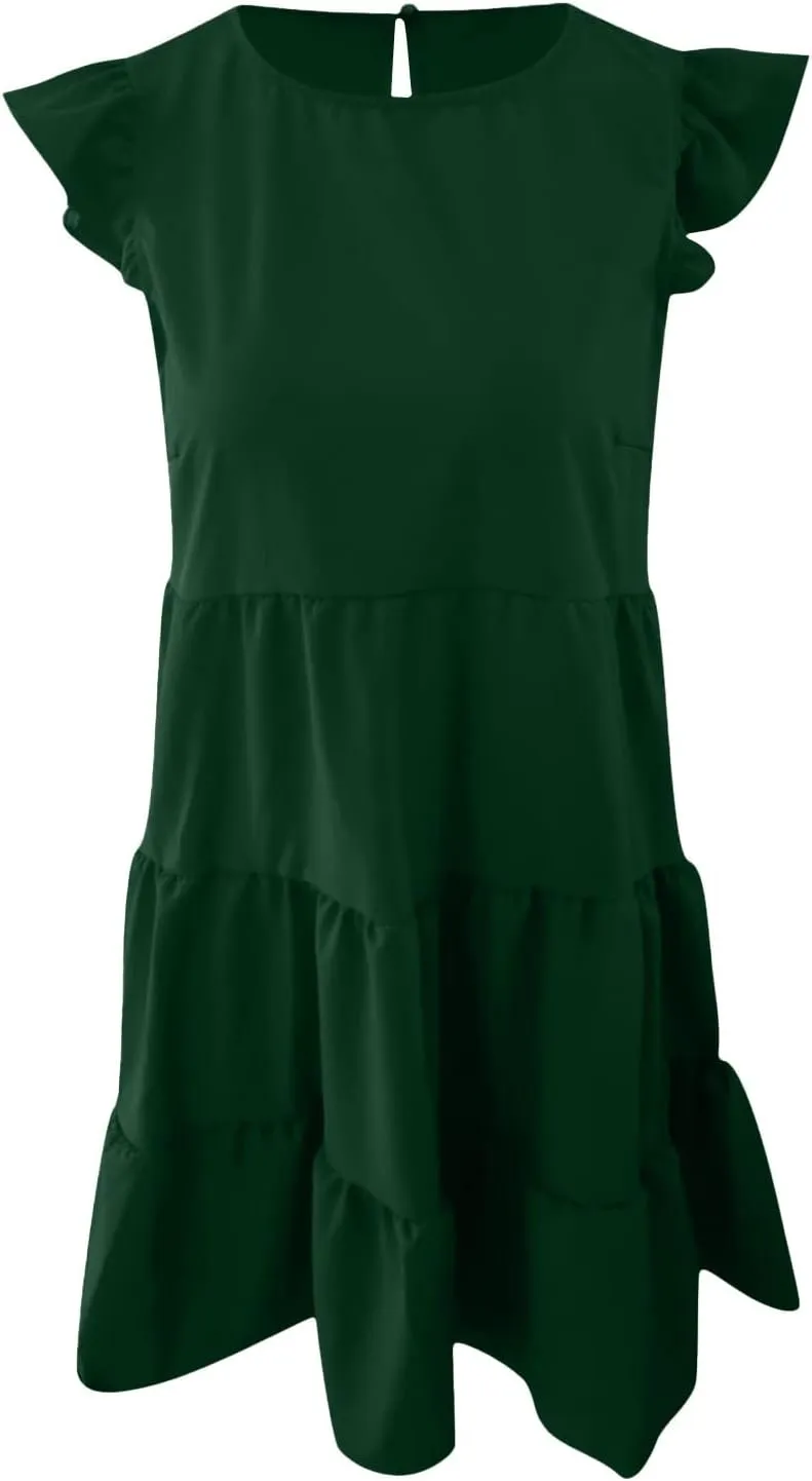 Womens Summer Ruffle Cap Sleeve T Shirt Dress Layers Crewneck Mini Dresses Casual Flowy Tiered Boho Beach Sundress