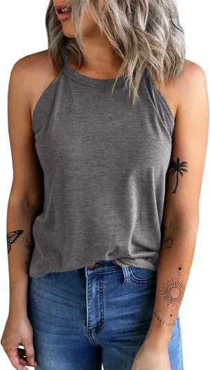 Womens Summer Sleeveless High Neck Halter Tank Tops Basic Casual Cami Shirts Tees