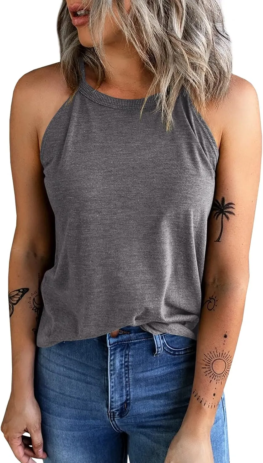 Womens Summer Sleeveless High Neck Halter Tank Tops Basic Casual Cami Shirts Tees