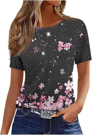 Womens Summer Tops 2025 Crew Neck Short Sleeve T Shirts Dressy Casual Blouses Cute Printed Tees Loose Trendy Outfits