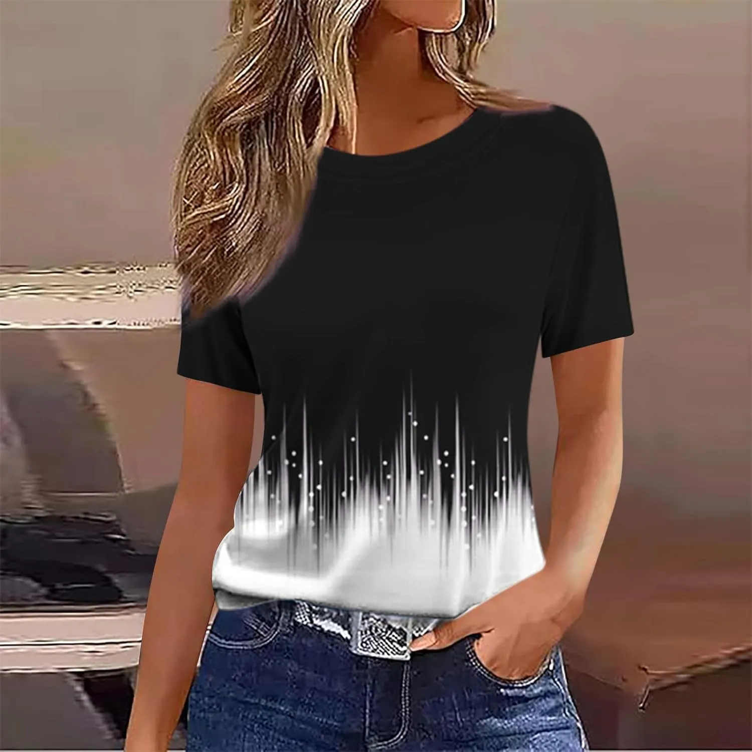 Womens Summer Tops 2025 Crew Neck Short Sleeve T Shirts Dressy Casual Blouses Cute Printed Tees Loose Trendy Outfits