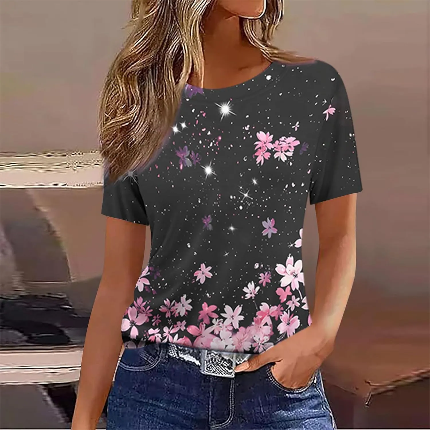 Womens Summer Tops 2025 Crew Neck Short Sleeve T Shirts Dressy Casual Blouses Cute Printed Tees Loose Trendy Outfits