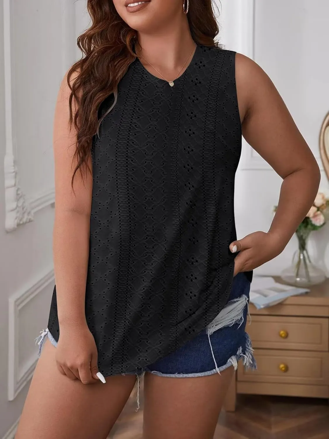 Womens Tank Tops 2025 Eyelet Embroidery Crewneck Sleeveless Shirts Casual Summer Spring Basic Loose Fashion Clothes