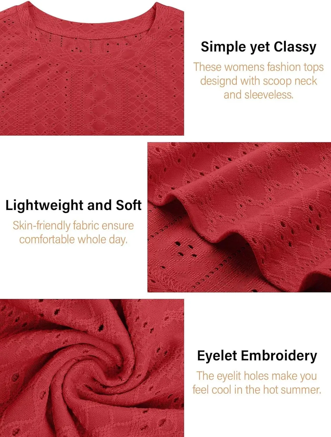 Womens Tank Tops 2025 Eyelet Embroidery Crewneck Sleeveless Shirts Casual Summer Spring Basic Loose Fashion Clothes
