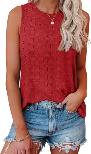 Womens Tank Tops 2025 Eyelet Embroidery Crewneck Sleeveless Shirts Casual Summer Spring Basic Loose Fashion Clothes