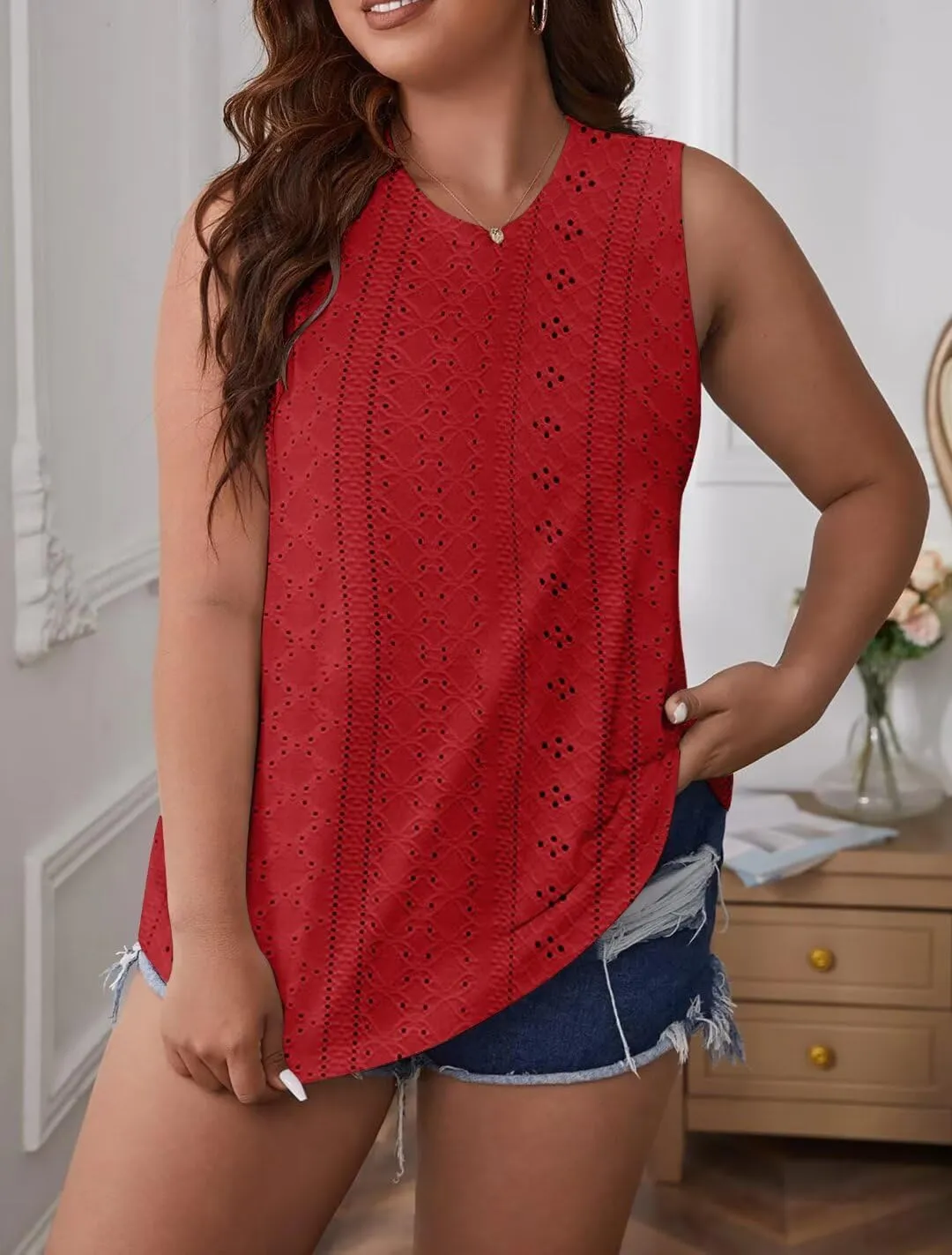 Womens Tank Tops 2025 Eyelet Embroidery Crewneck Sleeveless Shirts Casual Summer Spring Basic Loose Fashion Clothes