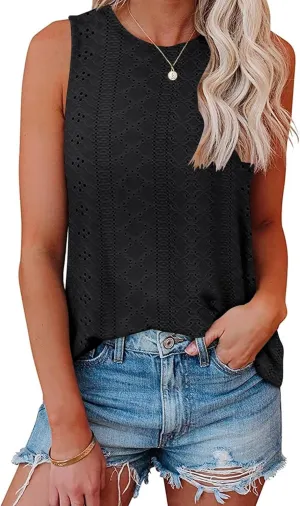 Womens Tank Tops 2025 Eyelet Embroidery Crewneck Sleeveless Shirts Casual Summer Spring Basic Loose Fashion Clothes
