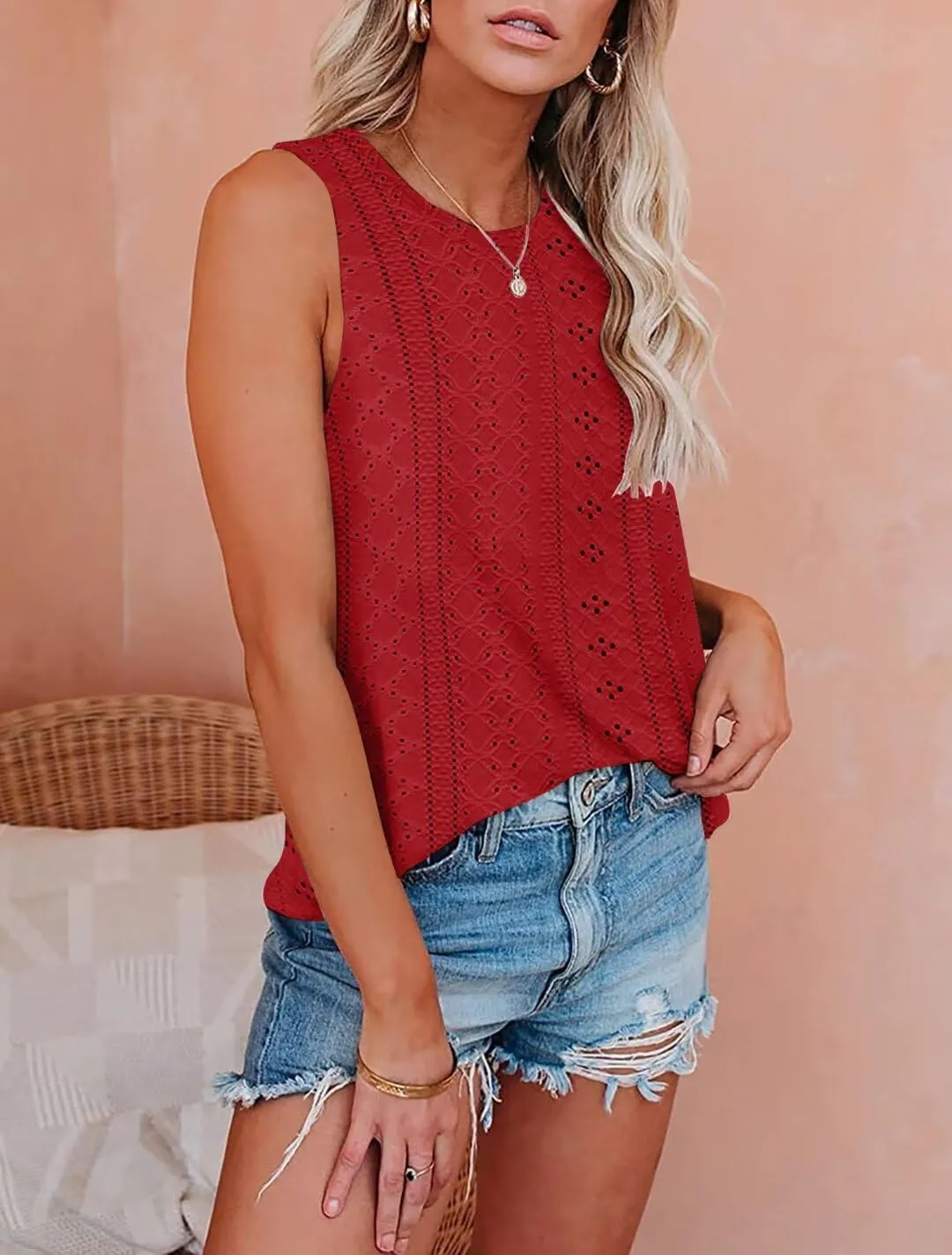 Womens Tank Tops 2025 Eyelet Embroidery Crewneck Sleeveless Shirts Casual Summer Spring Basic Loose Fashion Clothes