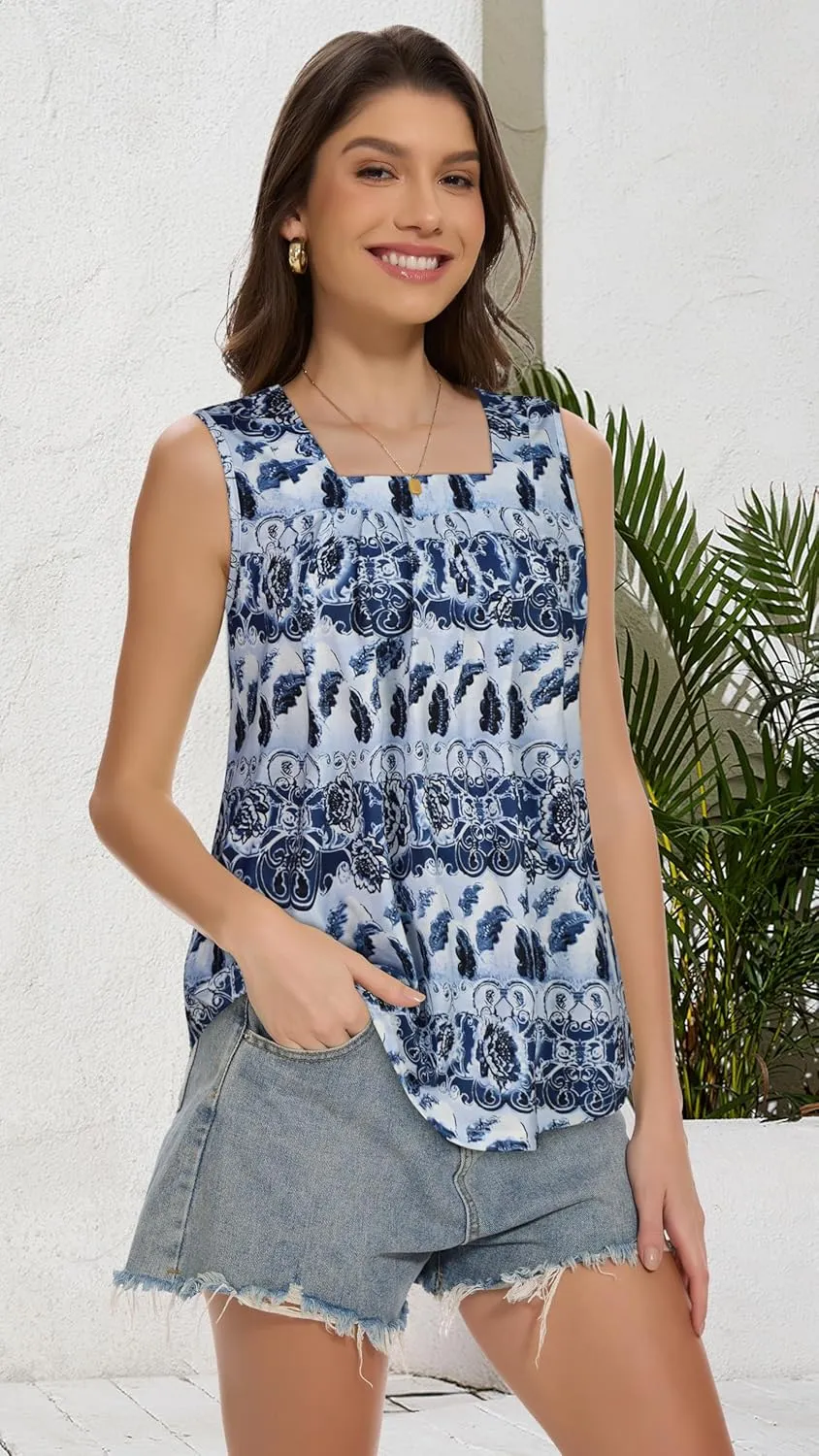 Womens Tank Tops Summer Square Neck Pleated Sleeveless Top Casual Loose Fit Basic Shirts