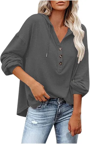 Womens Tops Hoodies Long Sleeve Botton Down Sweatshirt Oversized V Neck Shirts Spring Fall Going Out Workout Outfits