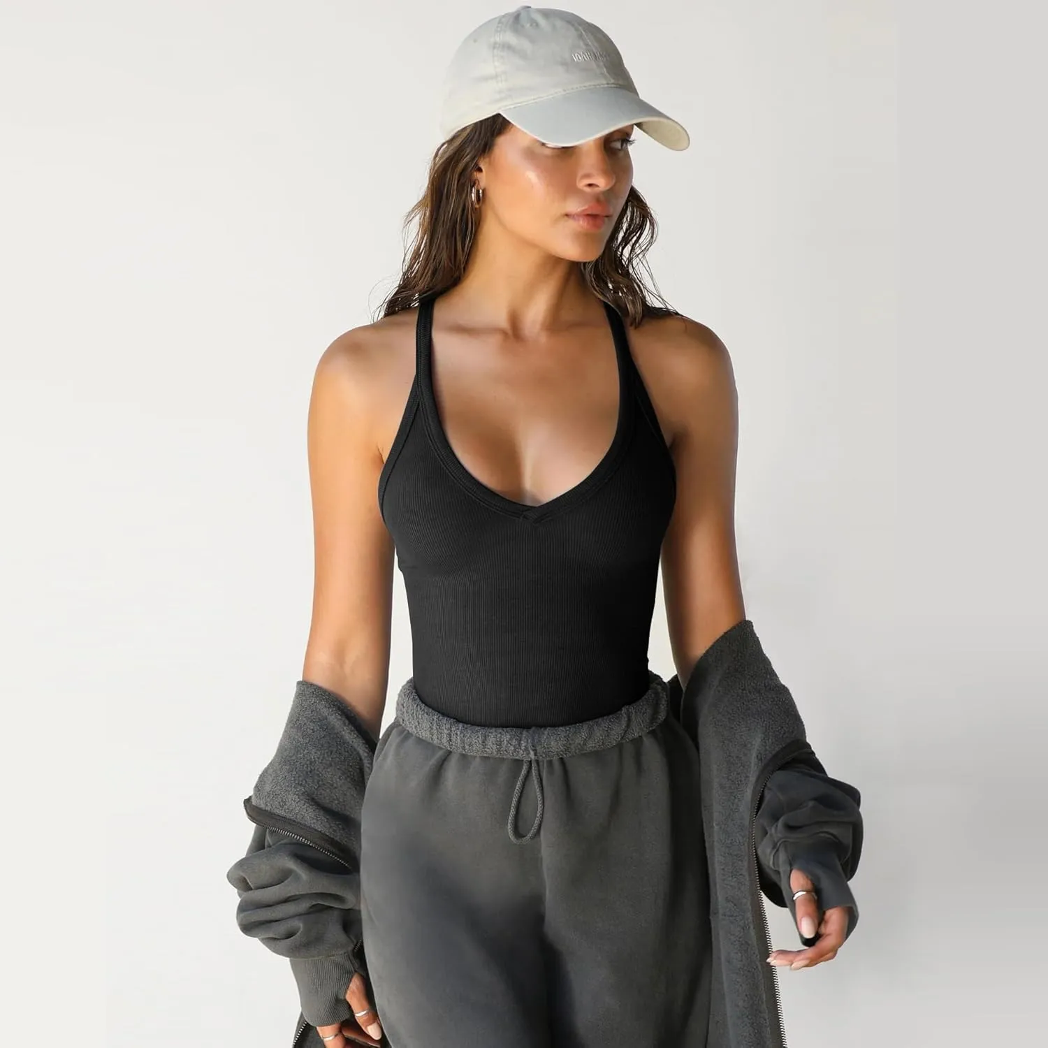 Womens V-Neck Basic Tank Tops Workout Summer Ribbed Camisole Slim Fit Sleeveless Tops