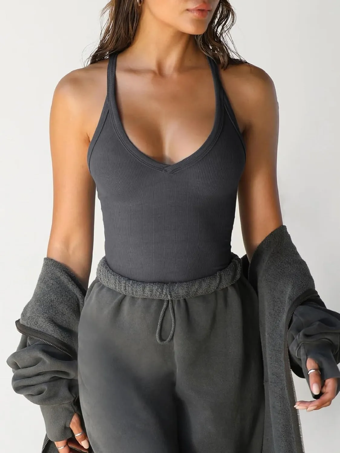 Womens V Neck Racerback Tank Tops Y2K Fitted Sleeveless Shirts Summer Ribbed Tees