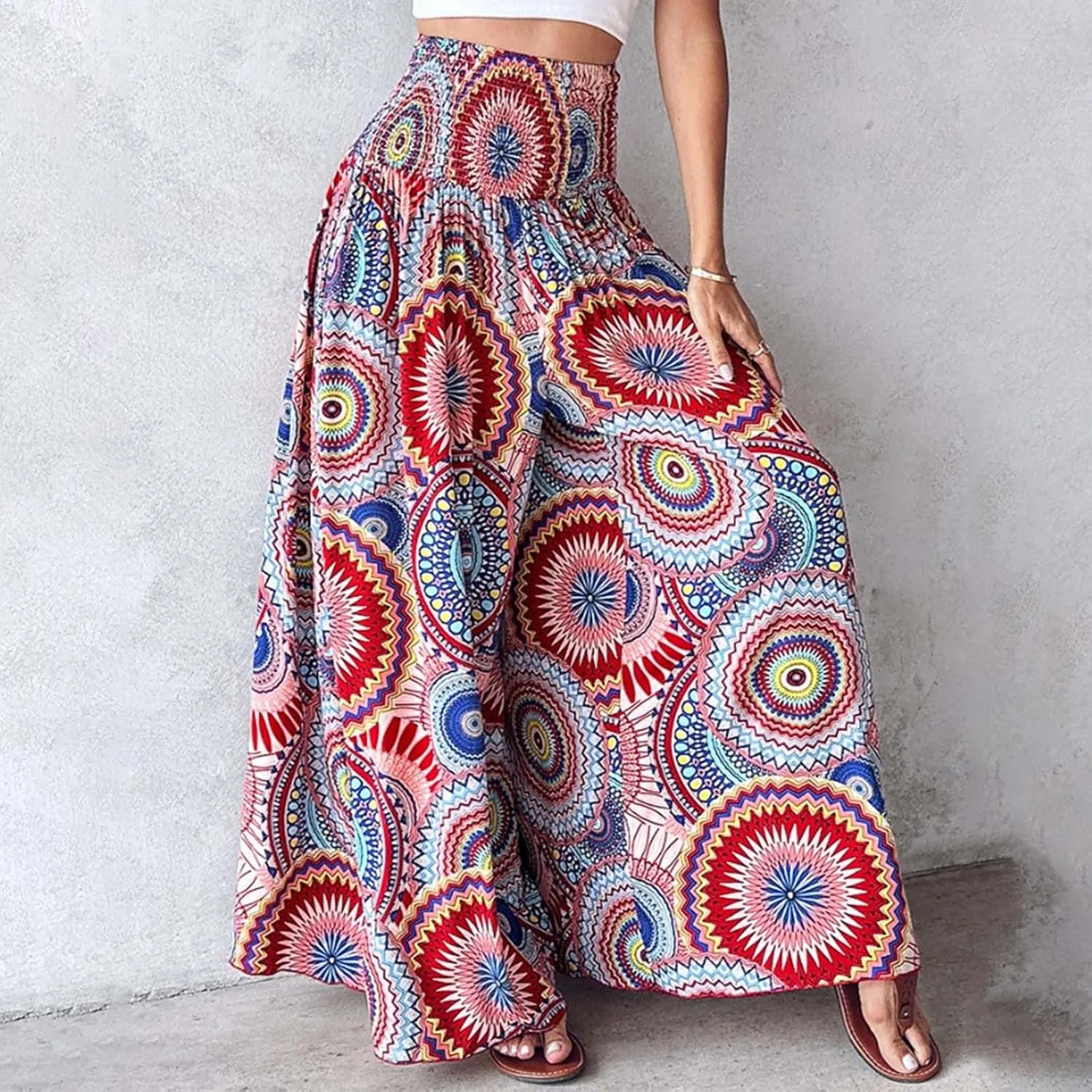 Women's Vintage Floral High Waist Wide Leg Pants Casual Loose Fit Trousers Womens Dress Leggings Pants