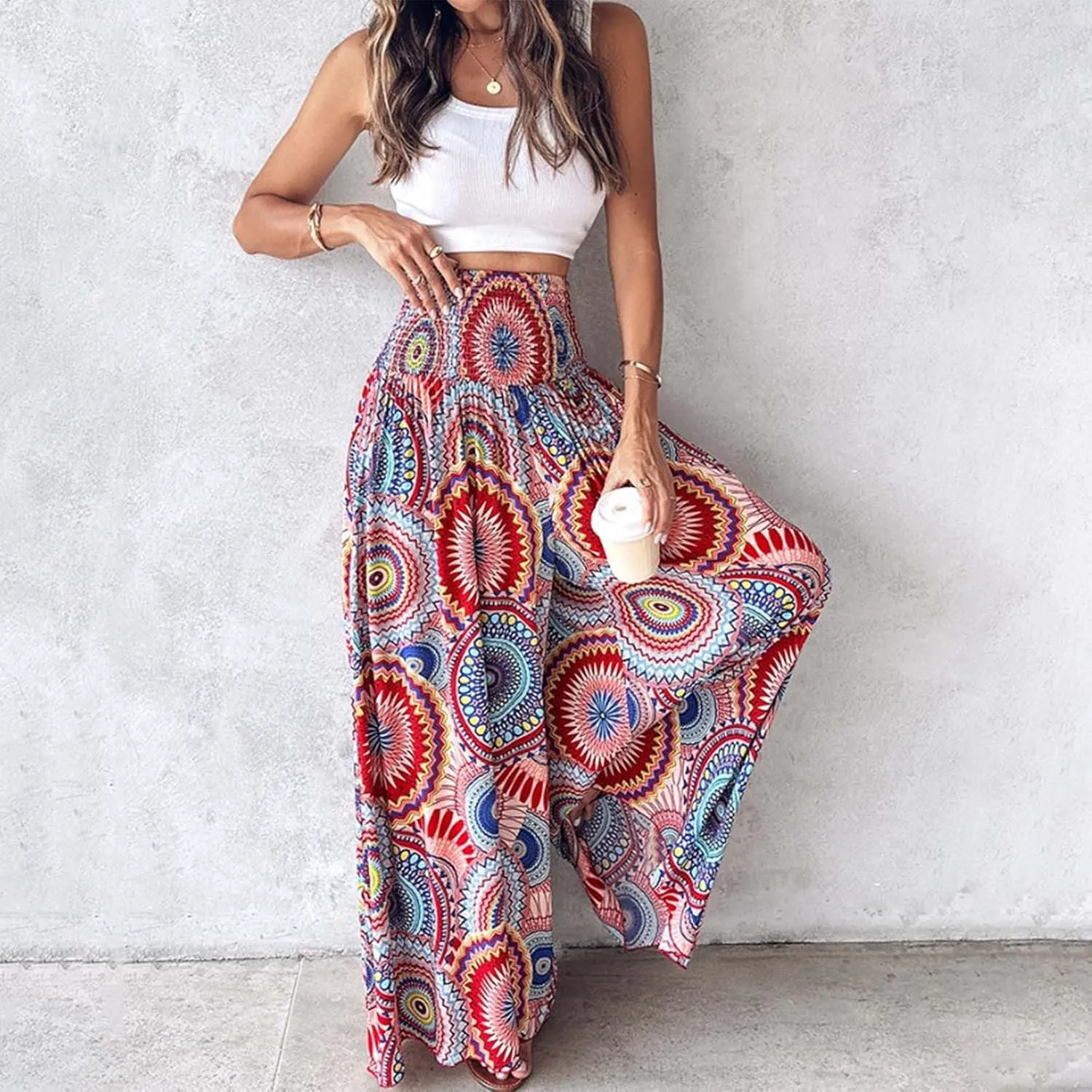 Women's Vintage Floral High Waist Wide Leg Pants Casual Loose Fit Trousers Womens Dress Leggings Pants