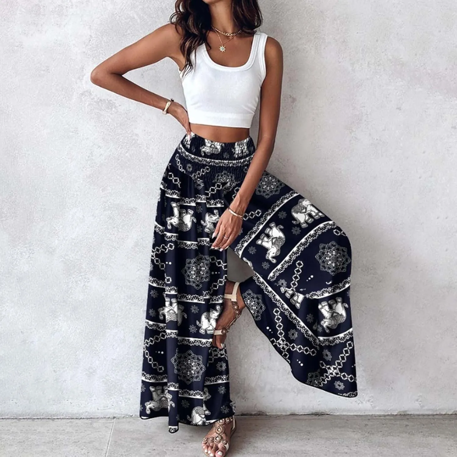 Women's Vintage Floral High Waist Wide Leg Pants Casual Loose Fit Trousers Womens Dress Leggings Pants