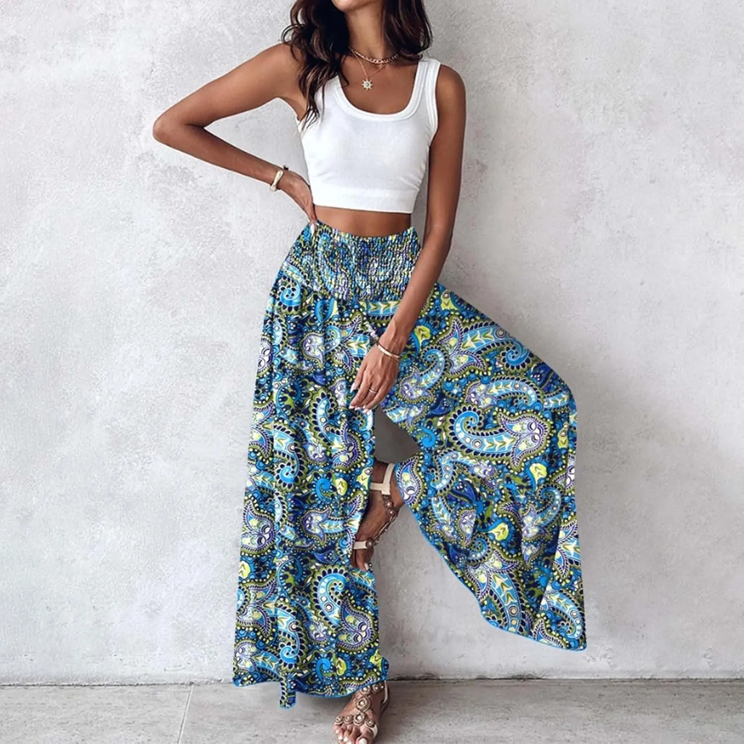 Women's Vintage Floral High Waist Wide Leg Pants Casual Loose Fit Trousers Womens Dress Leggings Pants