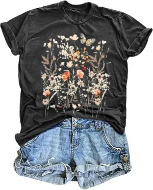 Women's Vintage Floral T Shirt Boho Wildflower Graphic Loose Tees Short Sleeve Casual Tops