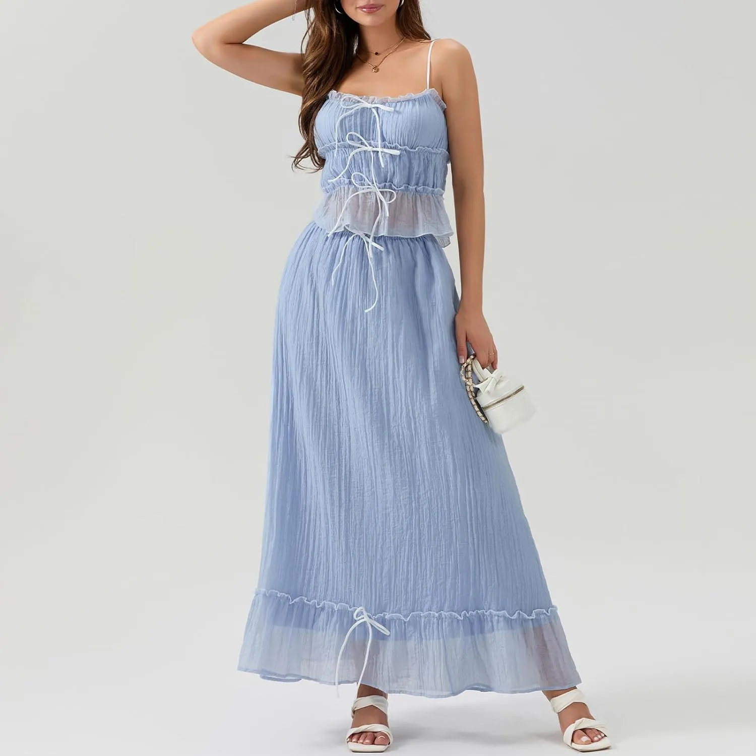 Womens Y2k Maxi Skirt Set Lace Ruched Crop Top and Smocked Long Skirt Sets Beach Cocktail Club 2 PCS Outfit