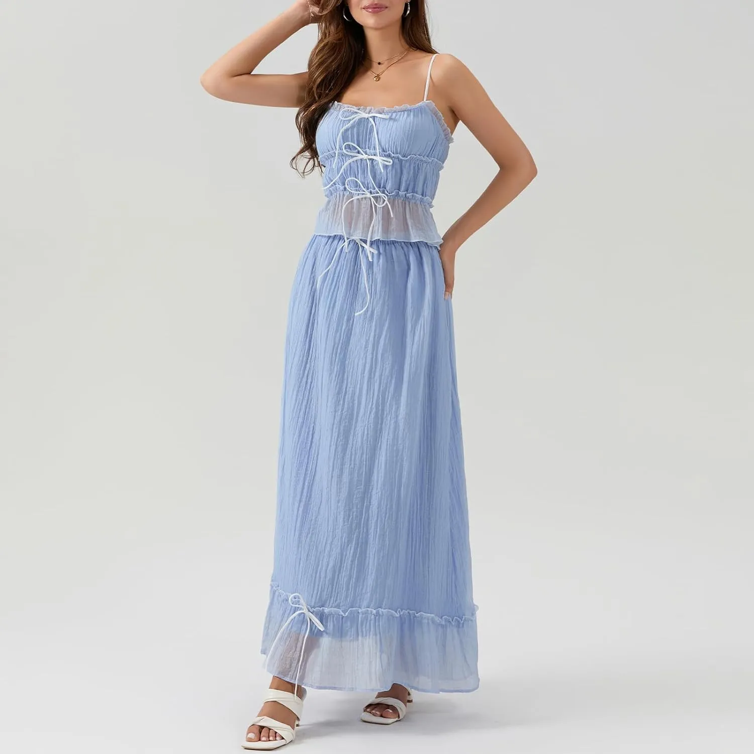 Womens Y2k Maxi Skirt Set Lace Ruched Crop Top and Smocked Long Skirt Sets Beach Cocktail Club 2 PCS Outfit