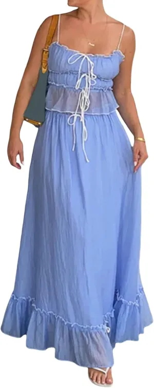 Womens Y2k Maxi Skirt Set Lace Ruched Crop Top and Smocked Long Skirt Sets Beach Cocktail Club 2 PCS Outfit
