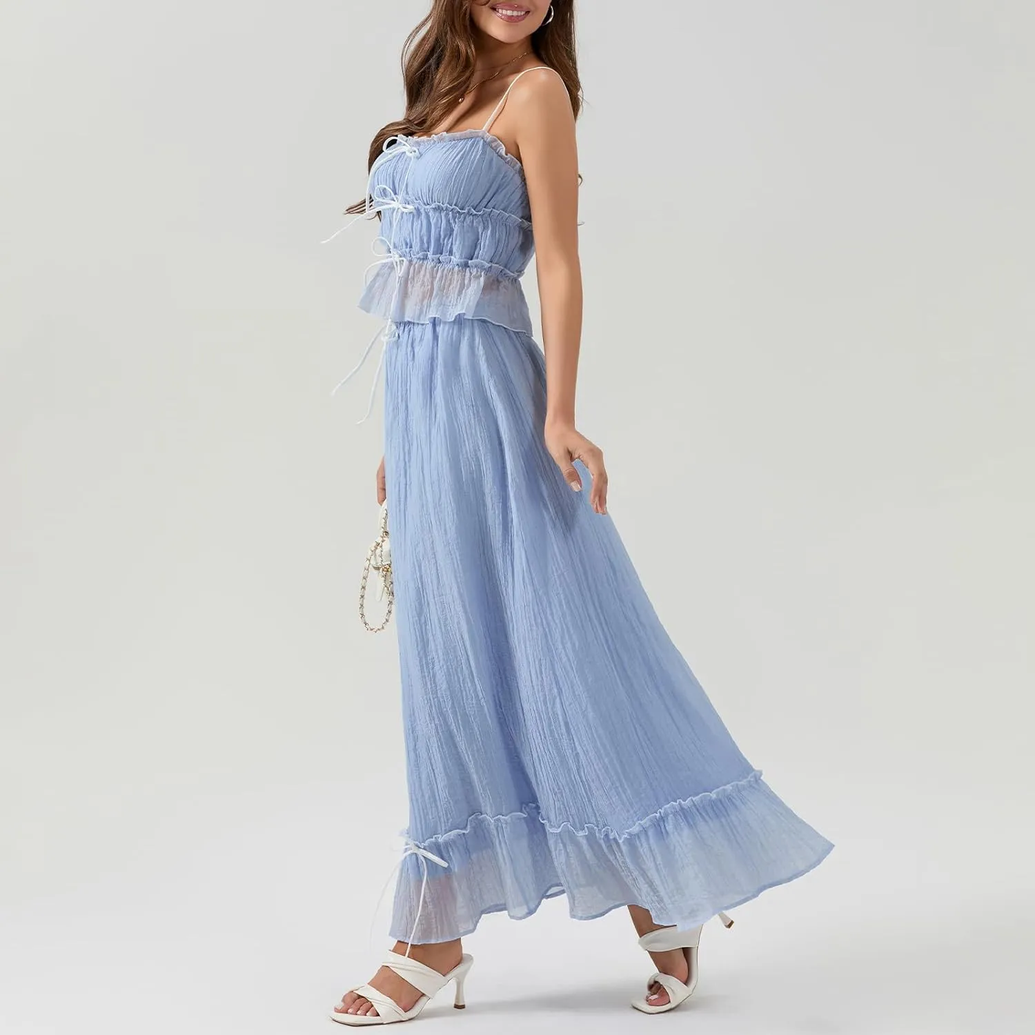 Womens Y2k Maxi Skirt Set Lace Ruched Crop Top and Smocked Long Skirt Sets Beach Cocktail Club 2 PCS Outfit