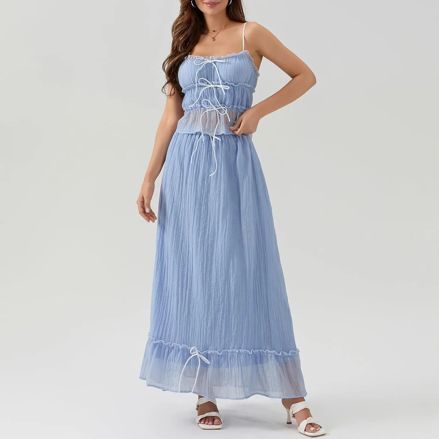 Womens Y2k Maxi Skirt Set Lace Ruched Crop Top and Smocked Long Skirt Sets Beach Cocktail Club 2 PCS Outfit