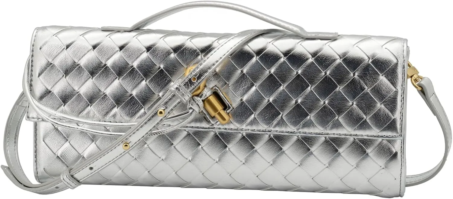 Woven Bag Clutch Purse for Women Ladies Party Handbag Wedding Cocktail Prom Crossbody Shoulder Bag