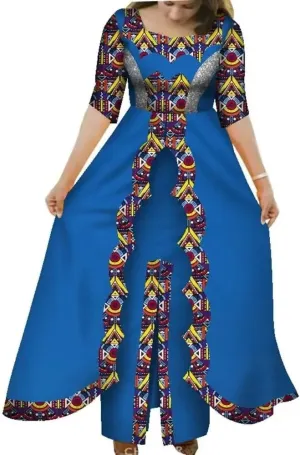 XIAOHUAGUA African Dresses for Women Dashiki Half Sleeve 2 Layers Long Skirt African Clothing Pachwork Party Dress