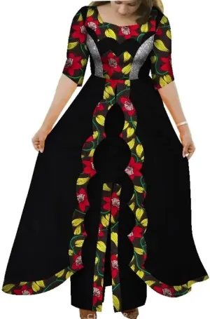 XIAOHUAGUA African Dresses for Women Dashiki Half Sleeve 2 Layers Long Skirt African Clothing Pachwork Party Dress