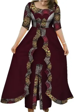 XIAOHUAGUA African Dresses for Women Dashiki Half Sleeve 2 Layers Long Skirt African Clothing Pachwork Party Dress