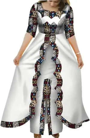 XIAOHUAGUA African Dresses for Women Dashiki Half Sleeve 2 Layers Long Skirt African Clothing Pachwork Party Dress