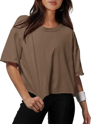 XIEERDUO Cotton Tshirts for Women Drop Shoulder Round Neck Oversized Crop Tops Workout Tops Tees