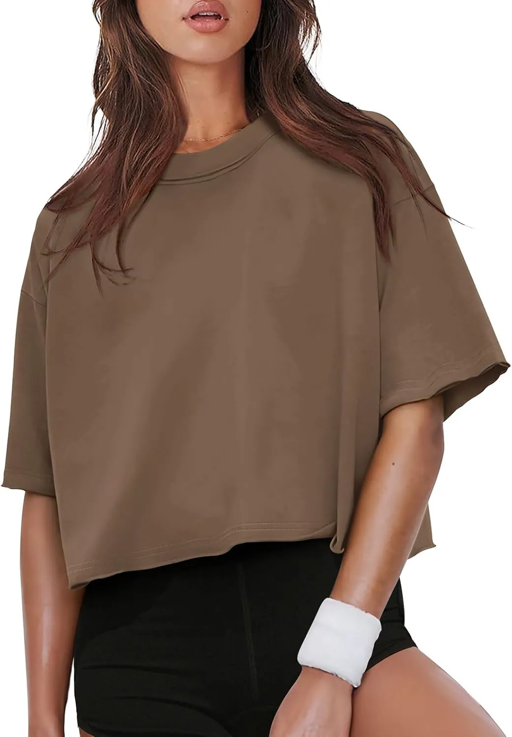 XIEERDUO Cotton Tshirts for Women Drop Shoulder Round Neck Oversized Crop Tops Workout Tops Tees