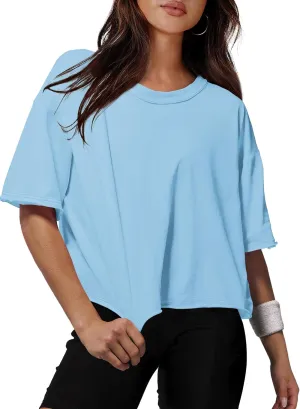 XIEERDUO Cotton Tshirts for Women Drop Shoulder Round Neck Oversized Crop Tops Workout Tops Tees