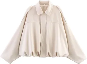Xunger Women's Faux Suede Bomber Jacket Spring Lapel Pilot Coat Casual Oversized Long Sleeves Trendy Streetwear Outerwear