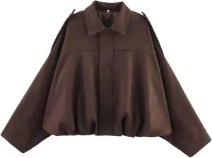 Xunger Women's Faux Suede Bomber Jacket Spring Lapel Pilot Coat Casual Oversized Long Sleeves Trendy Streetwear Outerwear