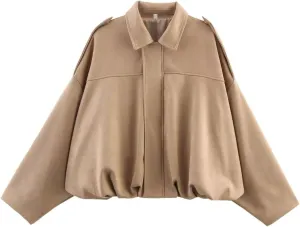 Xunger Women's Faux Suede Bomber Jacket Spring Lapel Pilot Coat Casual Oversized Long Sleeves Trendy Streetwear Outerwear