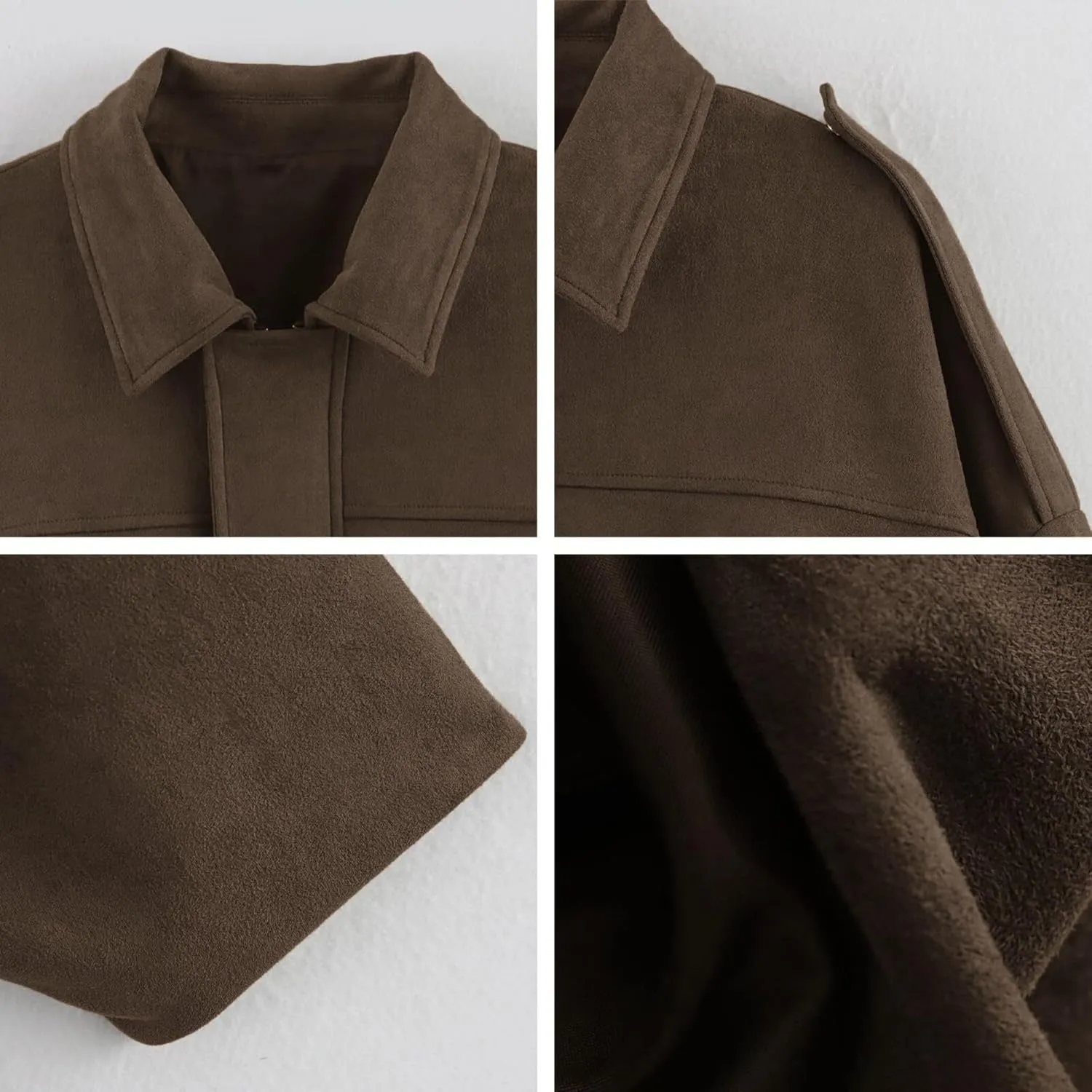 Xunger Women's Faux Suede Bomber Jacket Spring Lapel Pilot Coat Casual Oversized Long Sleeves Trendy Streetwear Outerwear