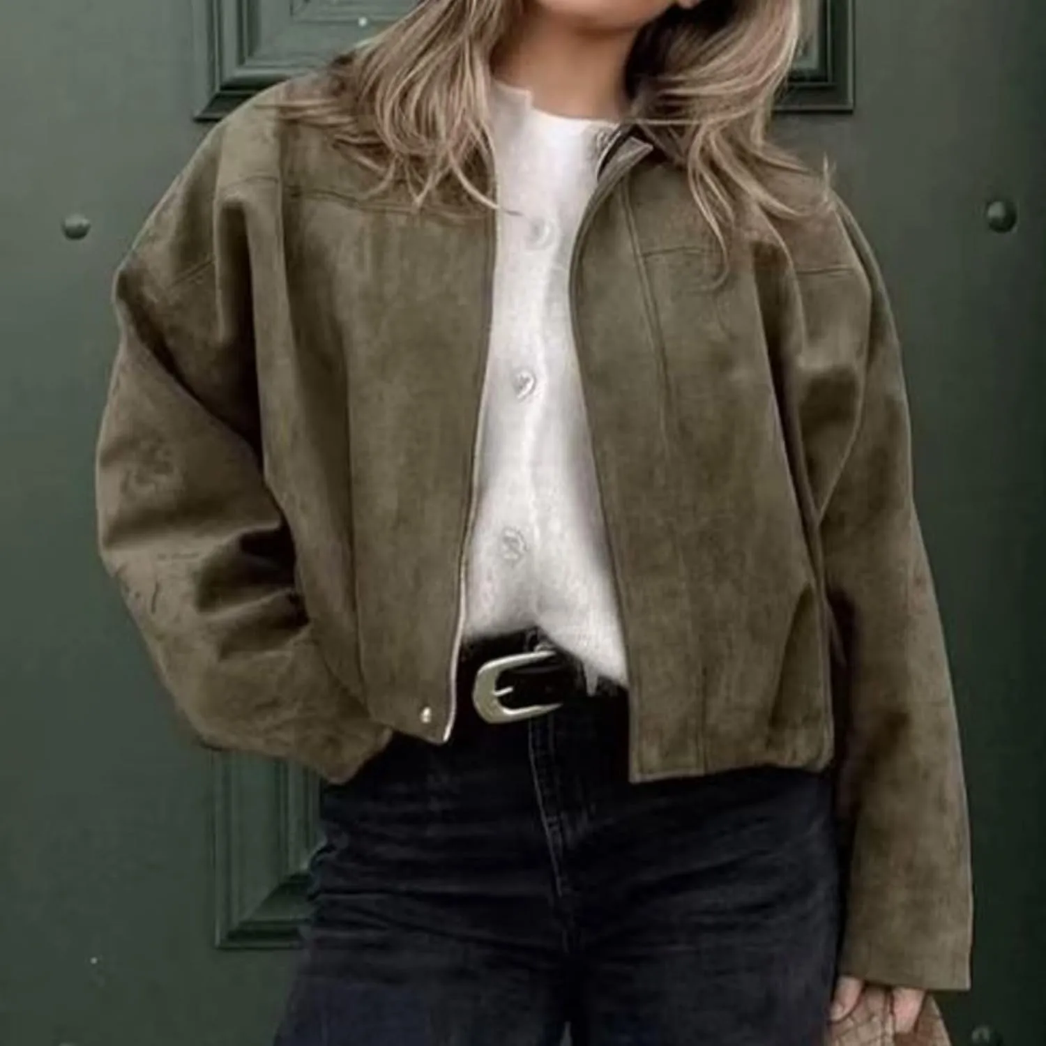Xunger Women's Faux Suede Bomber Jacket Spring Lapel Pilot Coat Casual Oversized Long Sleeves Trendy Streetwear Outerwear