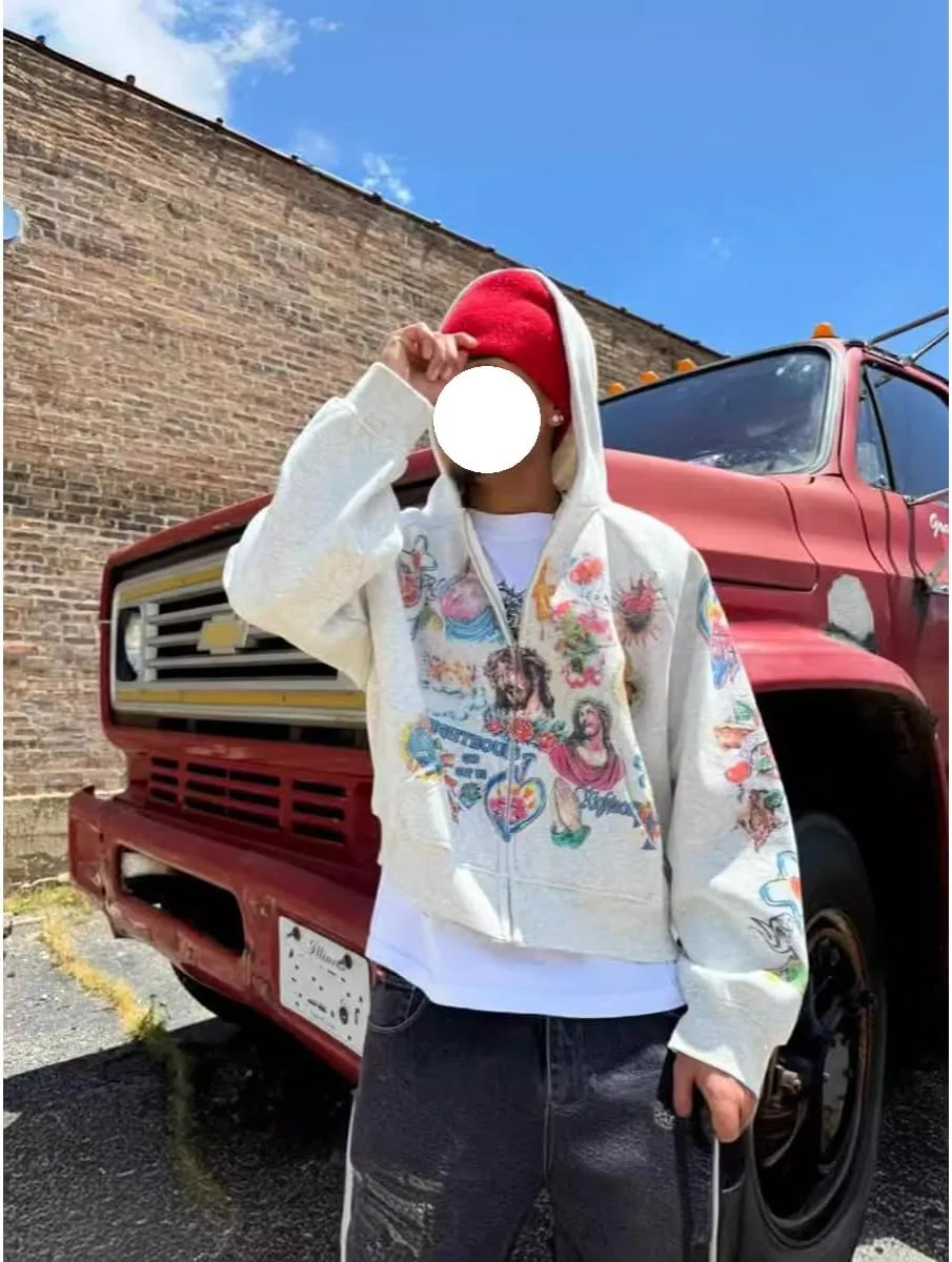 Y2k Zip up Hoodie Streetwear Graphic Oversized Rapper Hooded Sweatshirts Unisex Grunge Vintage Clothes