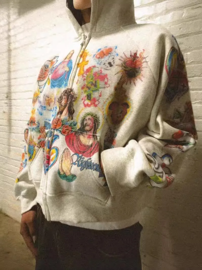 Y2k Zip up Hoodie Streetwear Graphic Oversized Rapper Hooded Sweatshirts Unisex Grunge Vintage Clothes