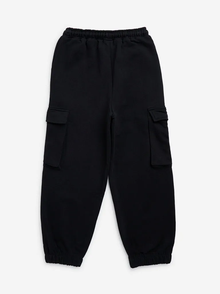 Y&F Kids Black Relaxed-Fit Mid-Rise Cargo Cotton-Blend Joggers