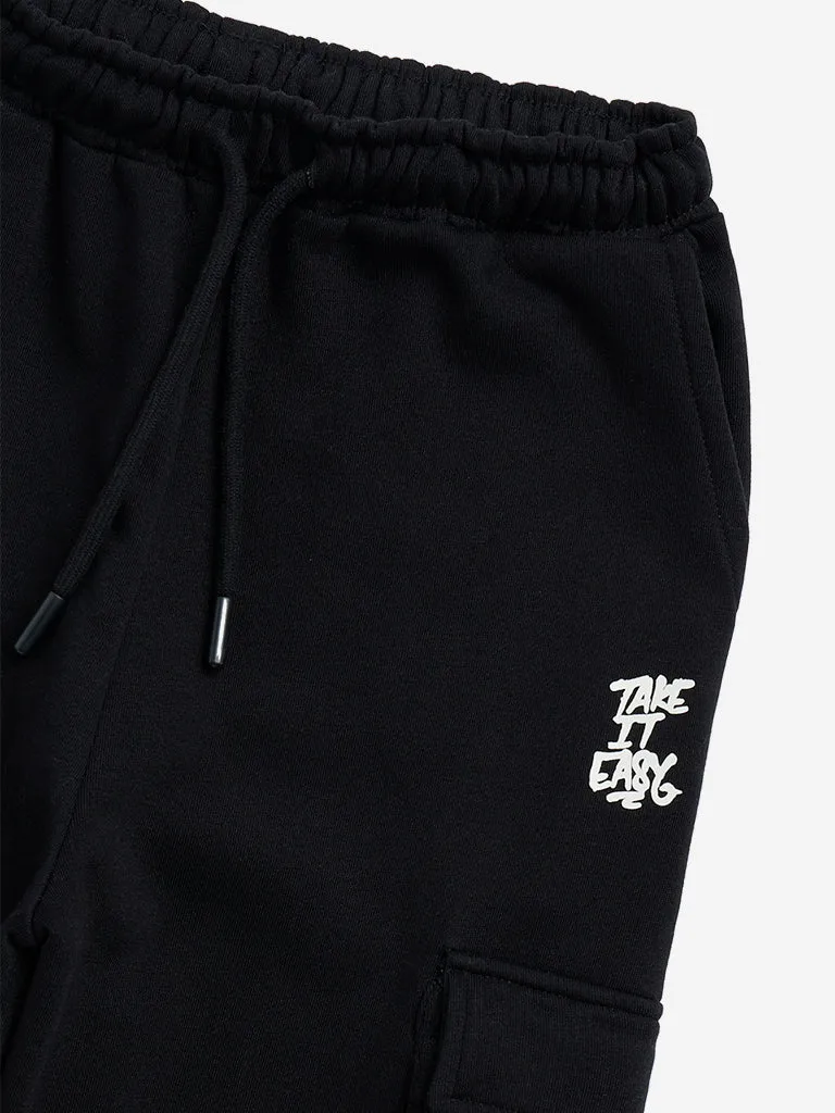 Y&F Kids Black Relaxed-Fit Mid-Rise Cargo Cotton-Blend Joggers