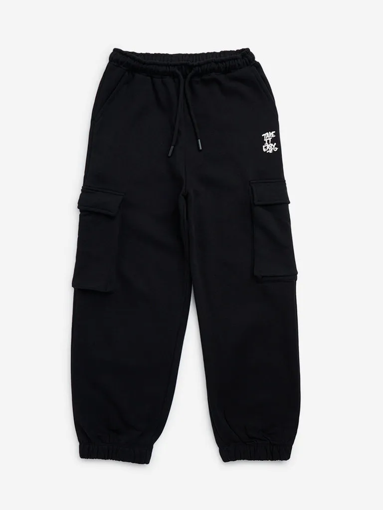 Y&F Kids Black Relaxed-Fit Mid-Rise Cargo Cotton-Blend Joggers