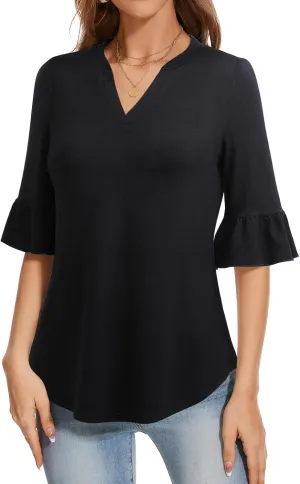 YATHON 3/4 Length Sleeve Womens Tops Dressy Casual Summer Shirts V Neck Bell Sleeve Floral Print Loose Ruffle Tunic Blouses