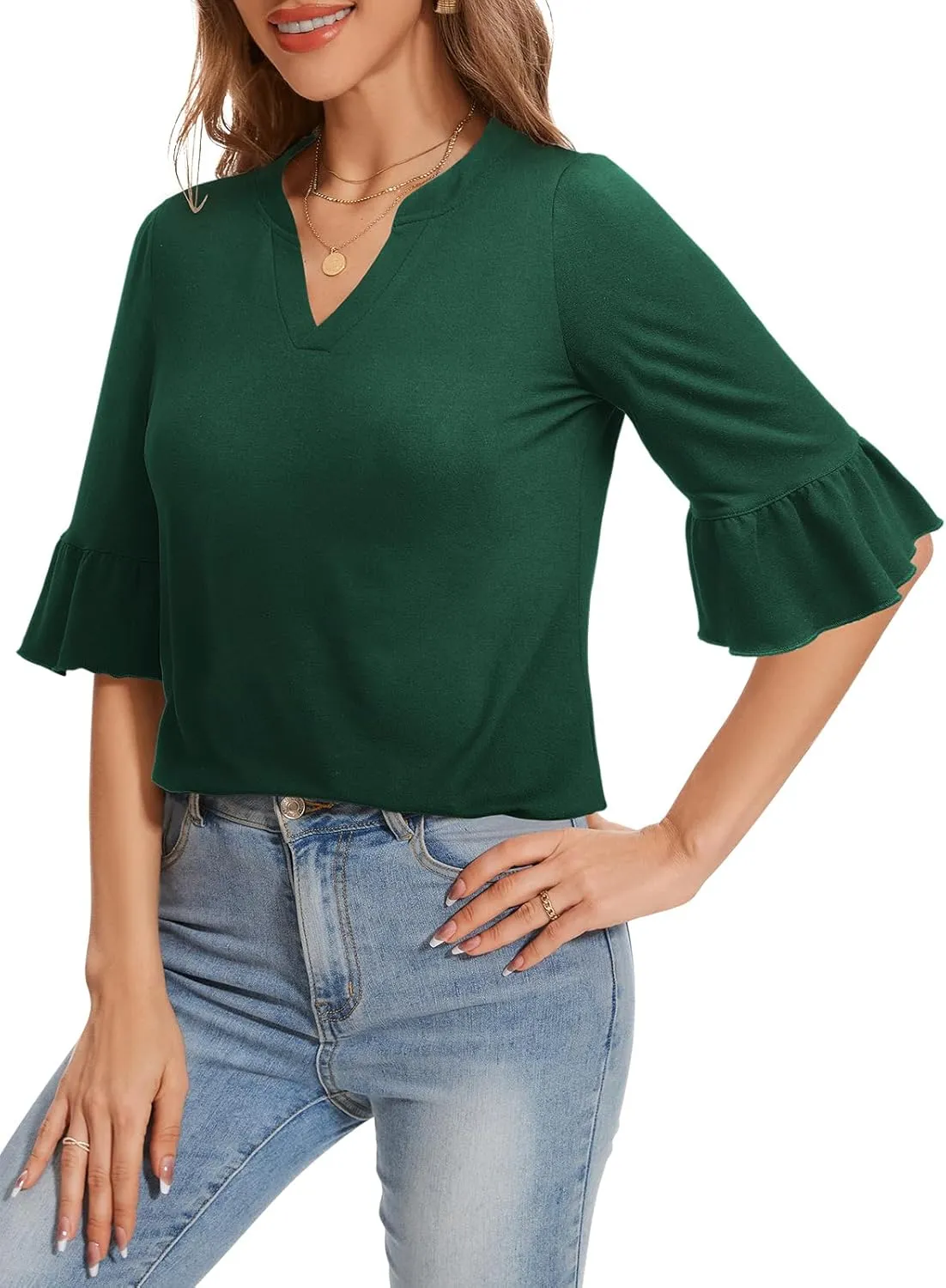 YATHON 3/4 Length Sleeve Womens Tops Dressy Casual Summer Shirts V Neck Bell Sleeve Floral Print Loose Ruffle Tunic Blouses