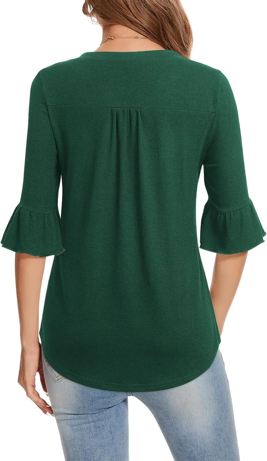 YATHON 3/4 Length Sleeve Womens Tops Dressy Casual Summer Shirts V Neck Bell Sleeve Floral Print Loose Ruffle Tunic Blouses