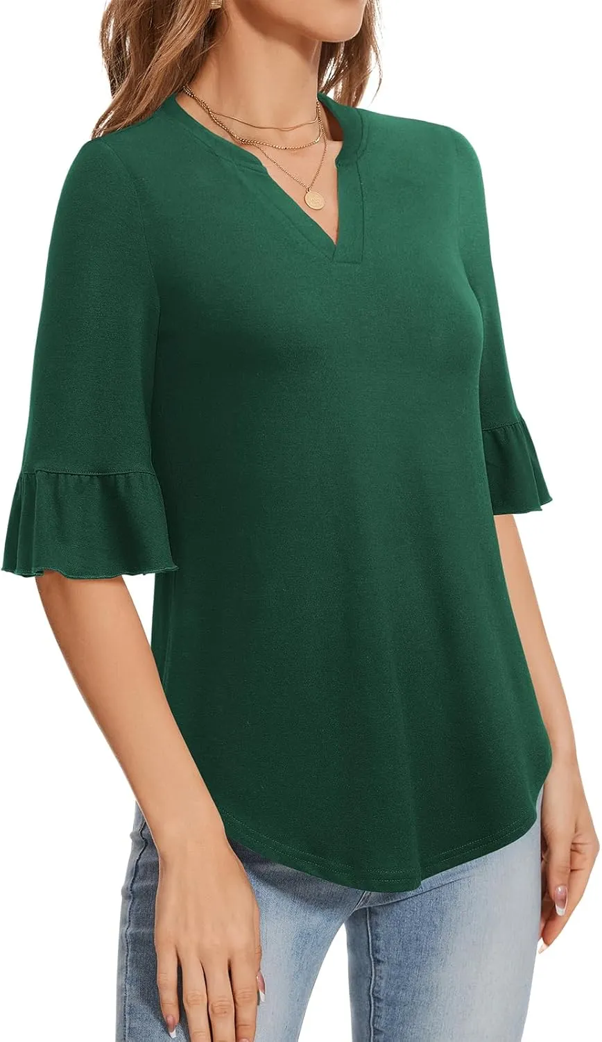 YATHON 3/4 Length Sleeve Womens Tops Dressy Casual Summer Shirts V Neck Bell Sleeve Floral Print Loose Ruffle Tunic Blouses