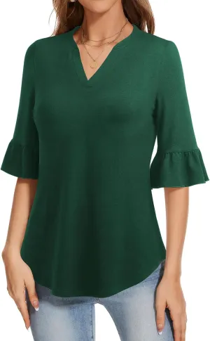 YATHON 3/4 Length Sleeve Womens Tops Dressy Casual Summer Shirts V Neck Bell Sleeve Floral Print Loose Ruffle Tunic Blouses