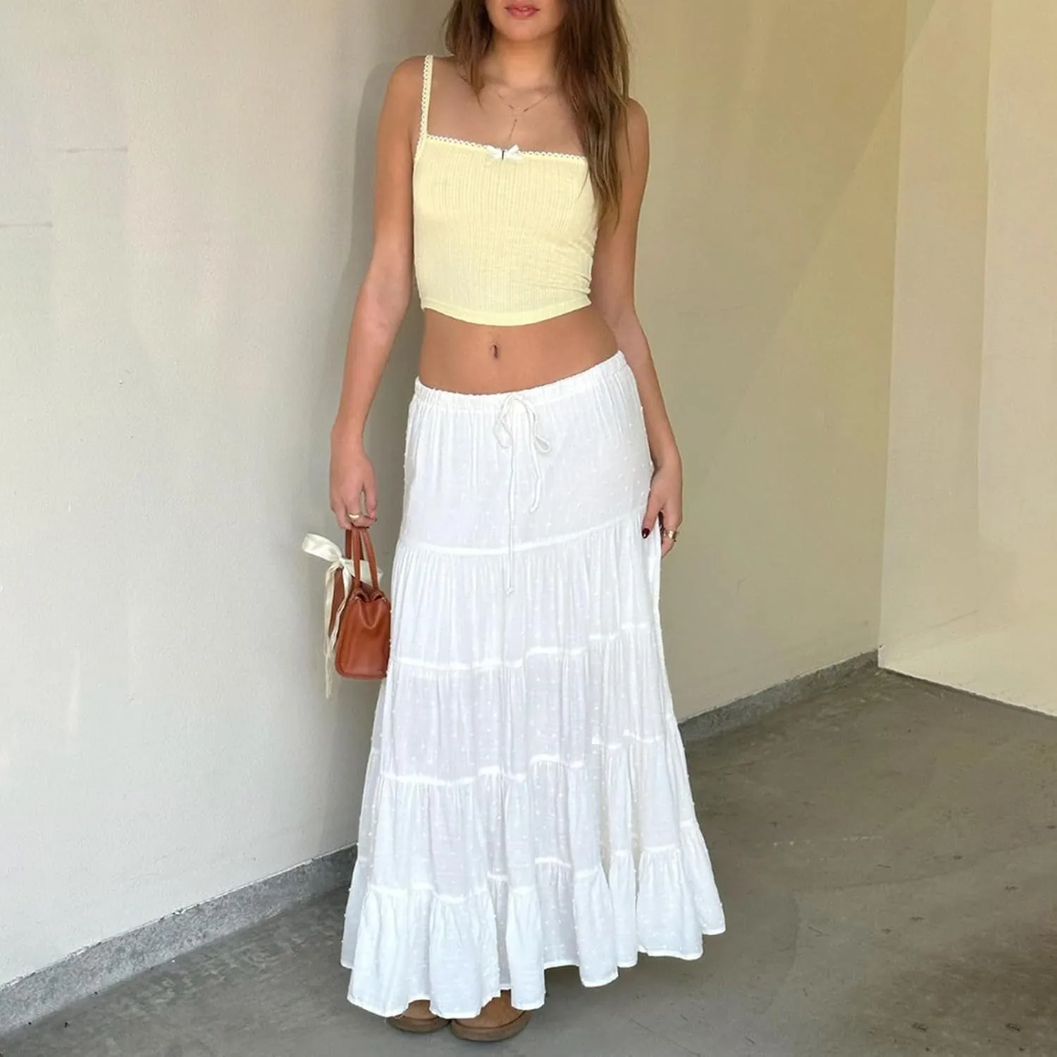 Yoawdats Women 2 Piece Ruffle Maxi Skirt Set Summer Sleeveless Tank Top Tiered Flowy Long Skirt Y2K 2Pc Outfits Beachwear